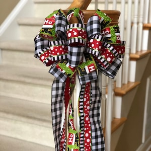 Farmhouse Santa Tree Topper Bow: Black and White Buffalo Check, Red Polka Dot, and Bright Green Santa Ho Ho Bow