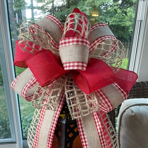 Tree Topper Bow, Large Farmhouse Christmas Bow for Christmas Tree or Lamp Post: Red, Faux Burlap and Gingham, and Jute Square Bow