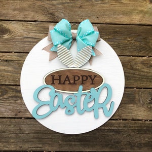 Farmhouse &quot;Happy Easter&quot; Wood Door Hanger, Painted Wood Door Sign, Wood Wreath,  Easter Door Decor, Easter Wreath