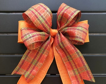 Orange Burlap and Plaid Bow, Basic Fall Bow, Orange Faux Burlap Garland Bow, Wreath Bow, Lantern Bow, Farmhouse Bow. Fall Bow