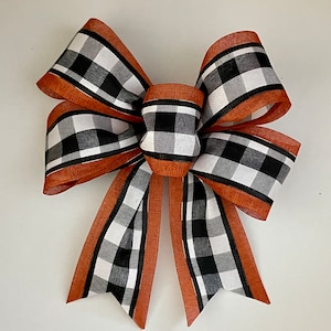 Basic Orange Edge with Black and White Buffalo Check Burlap Bow, Basic Fall Bow, Garland Bow, Wreath Bow, Lantern Bow, Farmhouse Bow