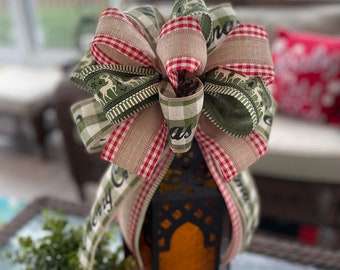 Farmhouse Christmas Wreath Bow: Farmhouse Tree Topper Bow, Christmas Bow w/ Ribbons of Moss Green Reindeer & "Merry Christmas" and Solid Red
