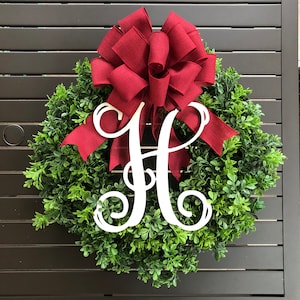 Boxwood Monogram Christmas Wreath with Large Burgundy Bow, Simple Boxwood Wreath, Simple Christmas Wreath