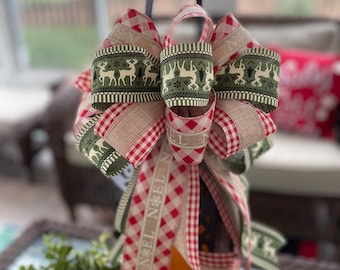 Farmhouse Christmas Wreath Bow: Farmhouse Tree Topper Bow, Christmas Bow w/ Ribbons of Moss Green Reindeer & "Merry Christmas" + Red "Noel"