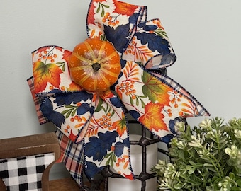 Fall Plaid Bow, Thanksgiving Bow, Thanksgiving Wreath Bow, Fall Wreath or Garland Bow, Lantern Bow, Farmhouse Bow, Blue and Orange Fall Bow