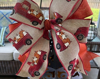 Red Truck and Orange Ribbon Basic Fall Bow, Red Truck with Pumpkins Garland Bow, Wreath Bow, Lantern Bow, Farmhouse Bow. Fall Bow