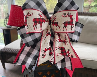Farmhouse Christmas Wreath Bow: Small Wreath Bow, Black and White Check Christmas Bow, Reindeer, and Solid Red Ribbons, Lantern Bow
