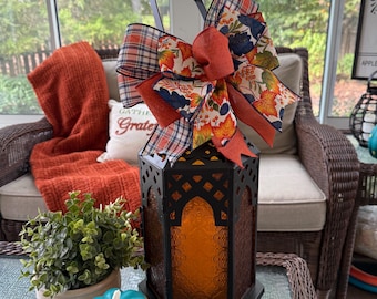 Fall Plaid Bow, Thanksgiving Bow, Thanksgiving Wreath Bow, Fall Wreath or Garland Bow, Lantern Bow, Farmhouse Bow, Blue and Orange Fall Bow