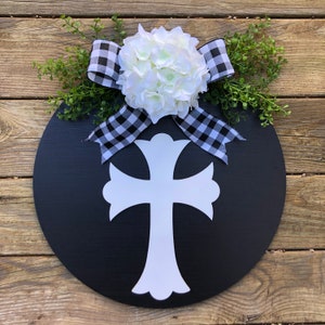 Farmhouse Cross Wood Door Hanger, Painted Wood Door Sign, Wood Wreath,  Hello Door Decor, Every Day Wreath, Magnolia Wreath, Circle Wreath