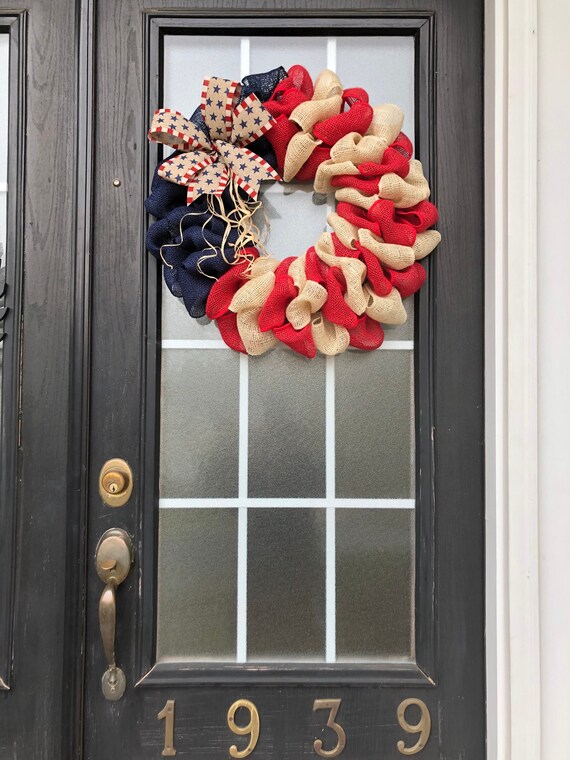Patriotic Monogram Door Wreath Red Navy Blue White Grey Burlap Initial 4th of July Decoration Patriotic Monogram Door Wreath Red Navy Blue White Grey Burlap Initial 4th of July Decoration