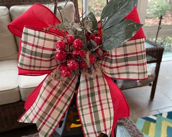 Christmas Bow, Christmas Plaid and Faux Burlap Bow, Holiday Bow, Wreath Bow, Christmas Wreath or Garland or Lantern Bow, Winter Bow