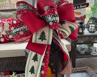 Farmhouse Christmas Wreath Bow: Farmhouse Tree Topper Bow, Christmas Bow with Christmas Tree, Striped "Merry Christmas" and Red Ribbons