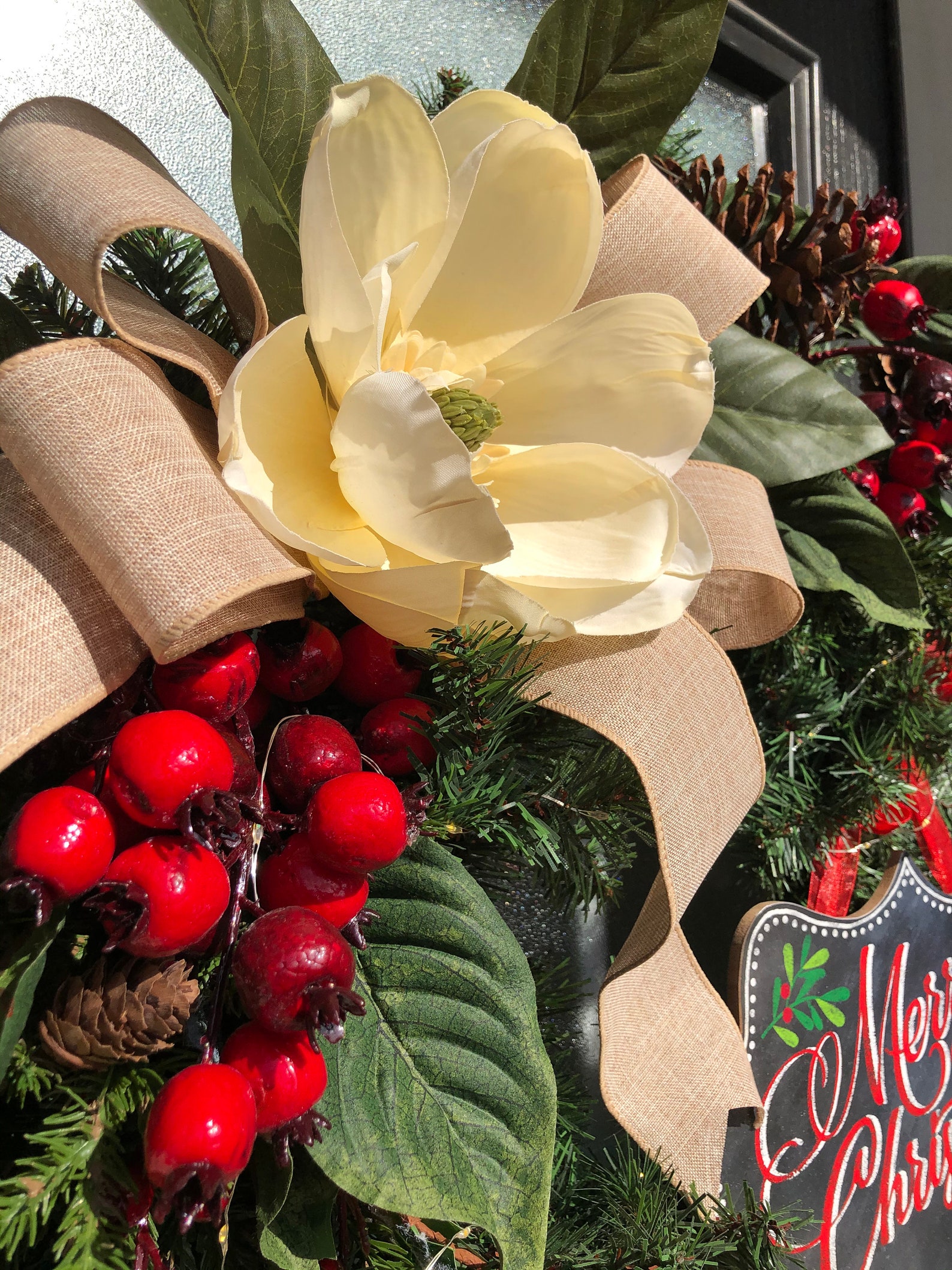 Christmas Wreath: Deluxe Glittered Poinsettia Wreath With Merry ...