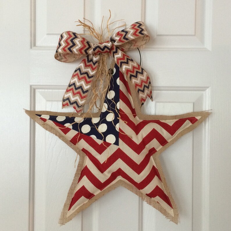 Patriotic Star Burlap Door Hanger American Flag Chevron Door Etsy