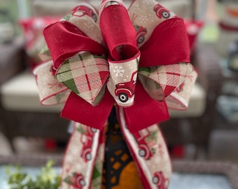 Farmhouse Christmas Wreath Bow: Farmhouse Tree Topper Bow, Christmas Bow w/ Rustic Ribbons of Red Truck, Green & Red Plaid, and Solid Red