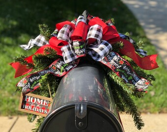 Farmhouse Mailbox Christmas Swag; Christmas Garland Swag for Mailbox, Mantel, or Centerpiece with Buffalo Check Sign