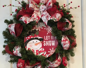 Snowman Wreath, Let it Snow Wreath; Christmas Wreath:  Holiday Wreath w/ Red Ornament "Let It Snow" Snowman Sign, Winter Wreath