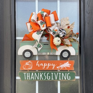 Fall Door Hanger: Pick-Up Truck Thanksgiving Door Sign, Fall Sign, Pumpkin and Truck Bow with Wood Thanksgiving Door Hanger