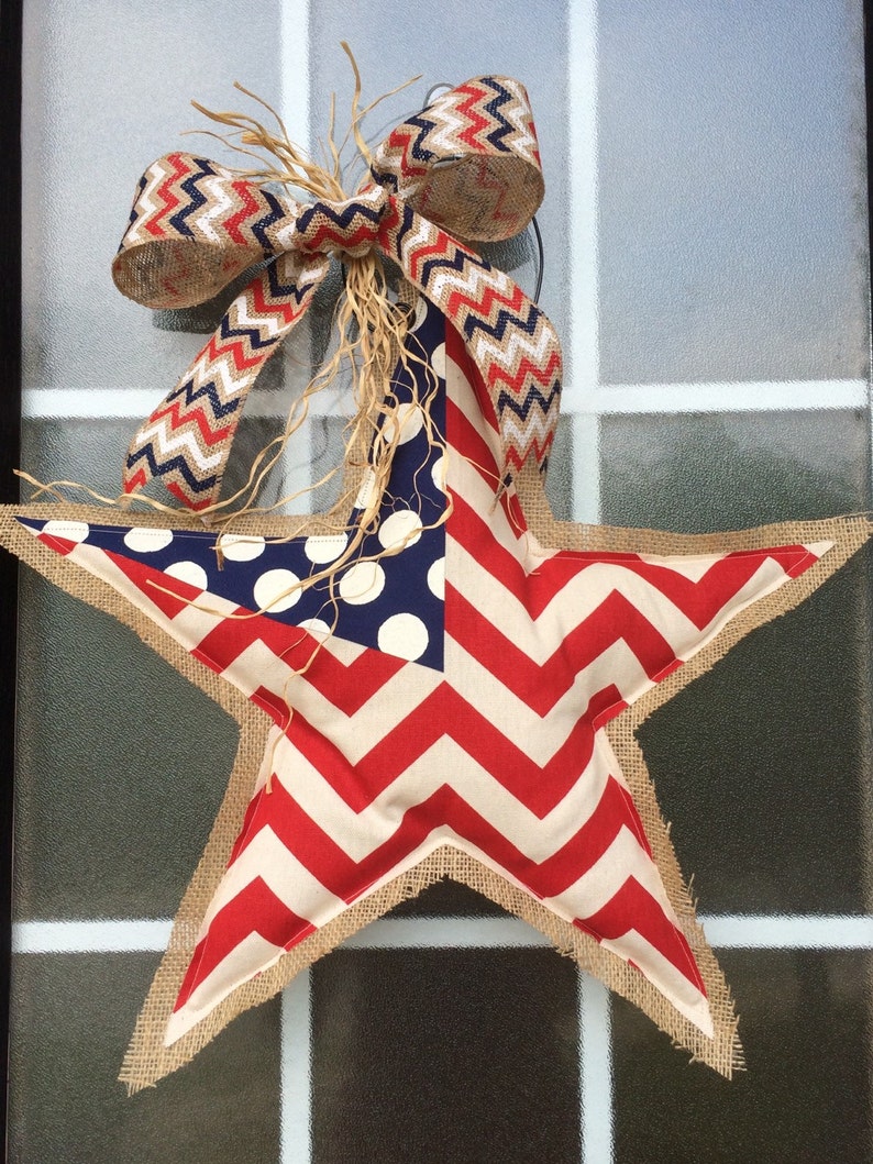 Patriotic Star Burlap Door Hanger American Flag Chevron Door Etsy