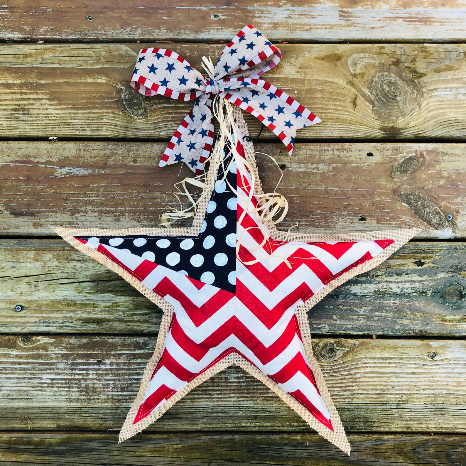 Patriotic Star Burlap Door Hanger American Flag Chevron Door Etsy