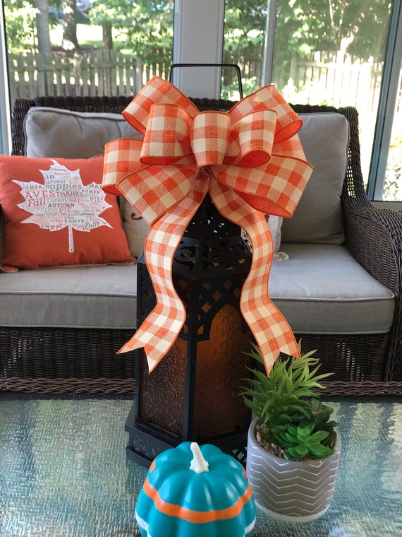 Orange Bow, Basic Fall Bow, Fall Orange and Ivory Buffalo Check Bow, Garland Bow, Wreath Bow, Lantern Bow