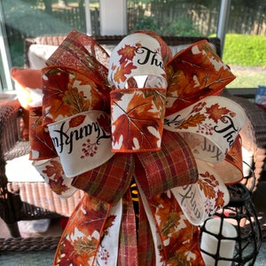 Farmhouse Fall Thanksgiving Wreath Bow: Large Wreath Bow, Fall Thankful Bow, Orange Plaid Ribbon Bow