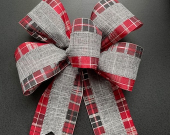 Basic Gray and Red Christmas Bow,  Red Plaid Edged Farmhouse Bow, Garland Bow, Wreath Bow, Lamp Bow, Lantern Bow. Farmhouse Christmas Bow