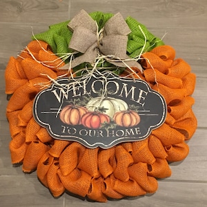 Pumpkin Wreath; Fall Welcome Wreath, Burlap Pumpkin Wreath; Fall Door Hanger; Fall Wreath, Pumpkin Door Hanger