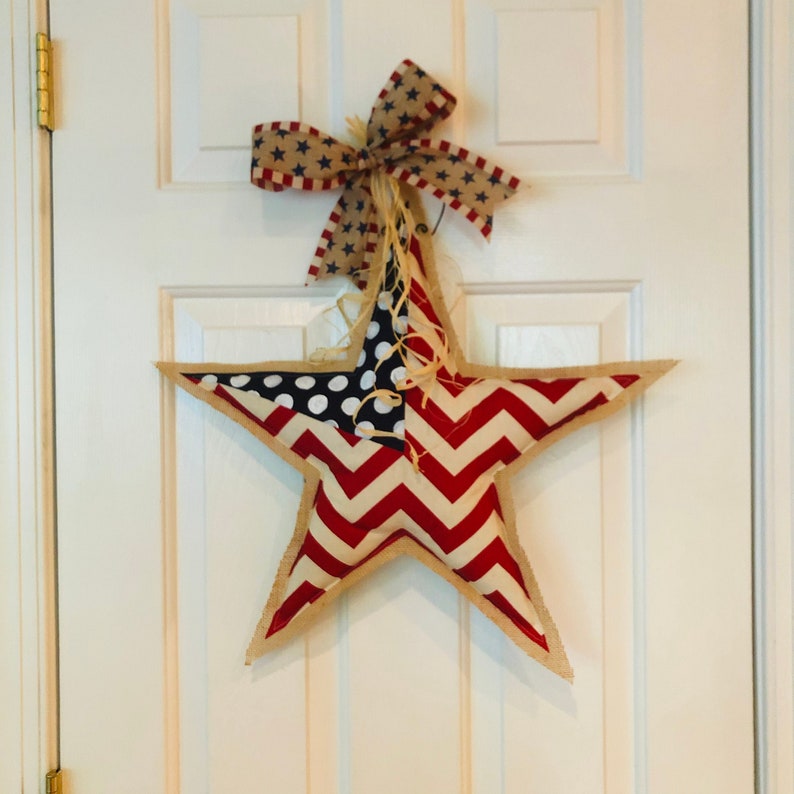 Patriotic Star Burlap Door Hanger American Flag Chevron Door Etsy