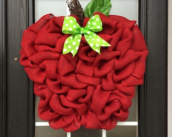 Burlap Apple Wreath, Red Apple Door Hanger Made with Looped Burlap Ribbon; Teacher's Apple; Teacher Gift; Apple Door Decor
