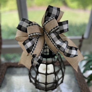 Farmhouse Faux Burlap and Black and White Buffalo Checked Bow | Wreath Bow, Bow for Fall Wreath or Garland, Lantern Bow, Farmhouse Bow