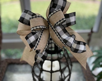 Farmhouse Faux Burlap and Black and White Buffalo Checked Bow | Wreath Bow, Bow for Fall Wreath or Garland, Lantern Bow, Farmhouse Bow