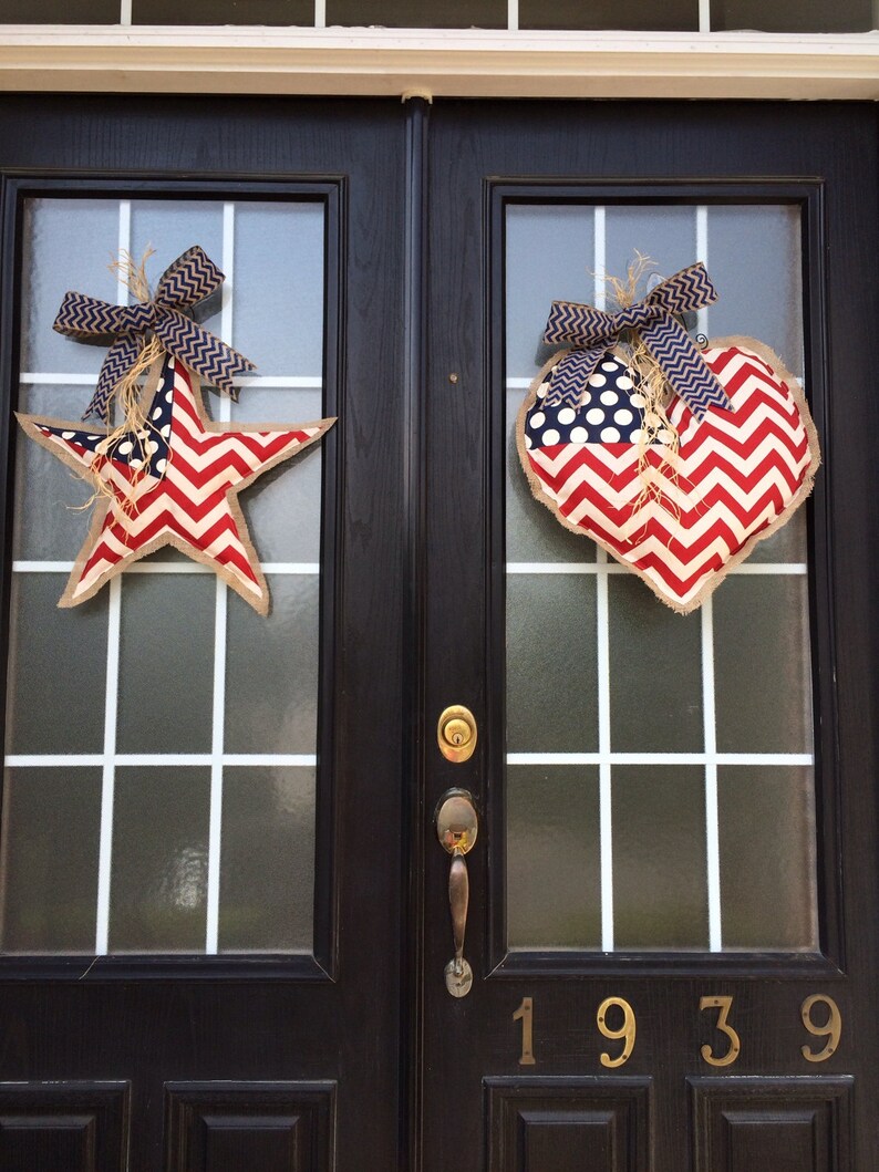 Patriotic Star Burlap Door Hanger American Flag Chevron Door Etsy