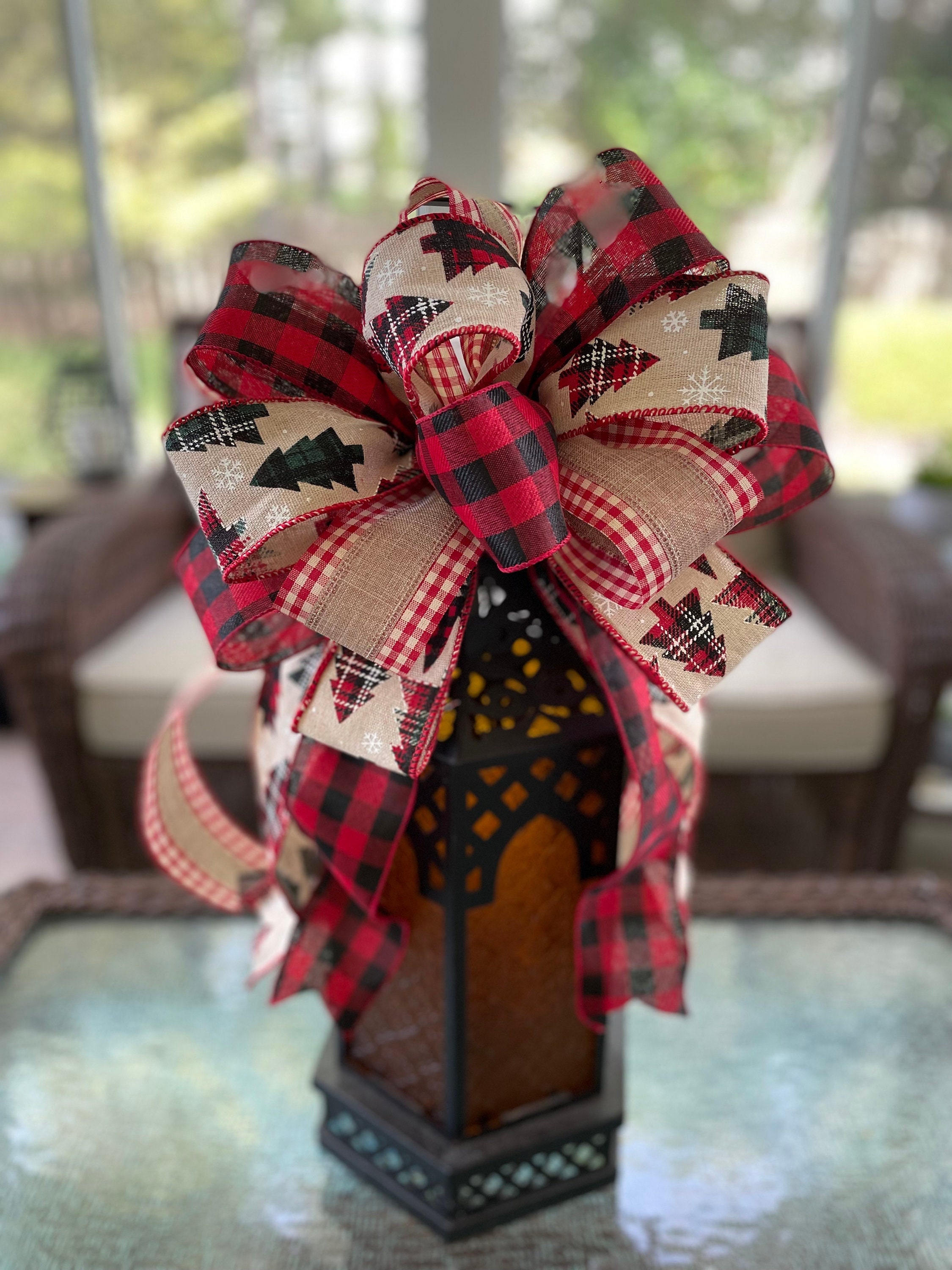 Farmhouse Christmas Wreath Bow: Farmhouse Tree Topper Bow, Christmas Bow with Rustic Christmas Tree and Red Checked Ribbons