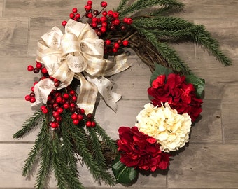 Christmas Wreath: Deluxe Hydrangea and Berries Christmas Wreath, Front Door Decor, Holiday Wreath, Winter Wreath