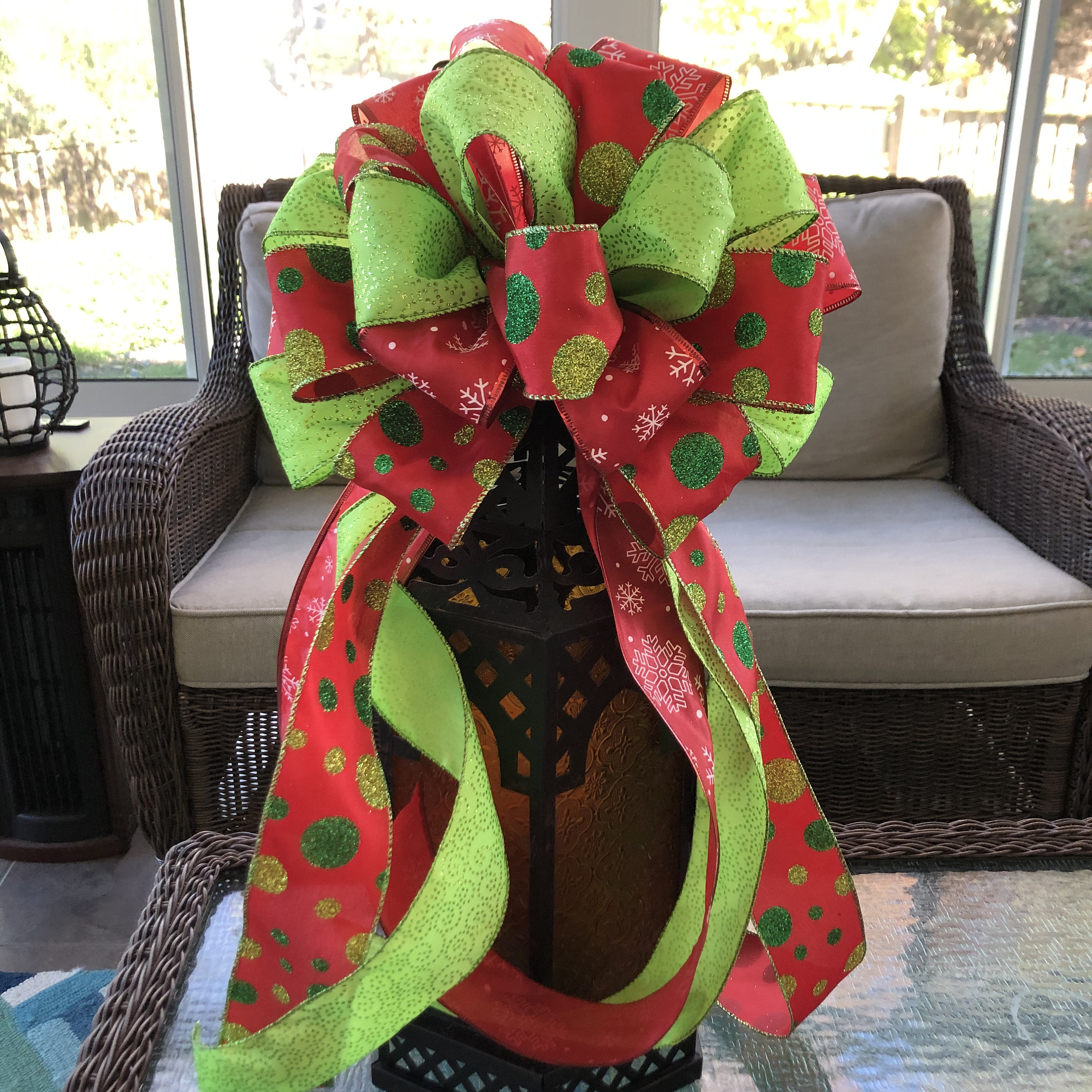 Tree Topper Bow, Large Christmas Bow for Christmas Tree or Lamp Post, Red and Lime Green Bow