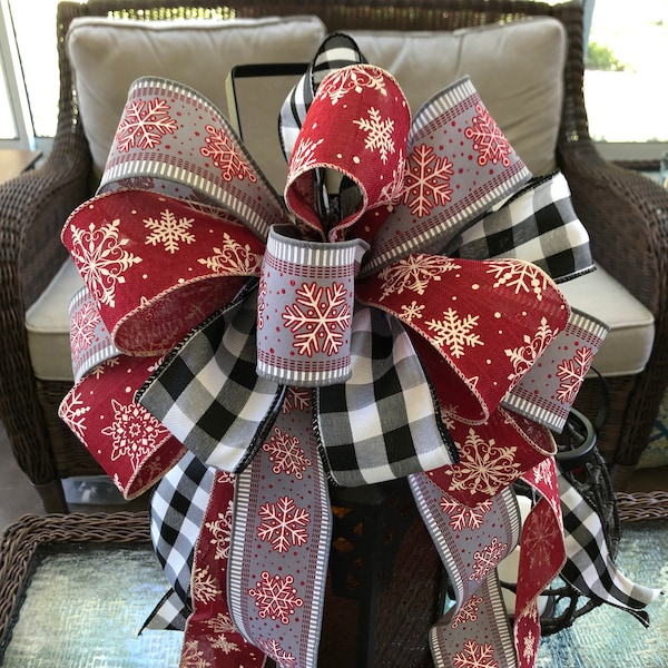 Noeud pour couronne de Noël de ferme : noeud pour décoration de sapin de ferme, noeud de Noël à carreaux de buffle noir et blanc, flocon de neige et rubans à carreaux