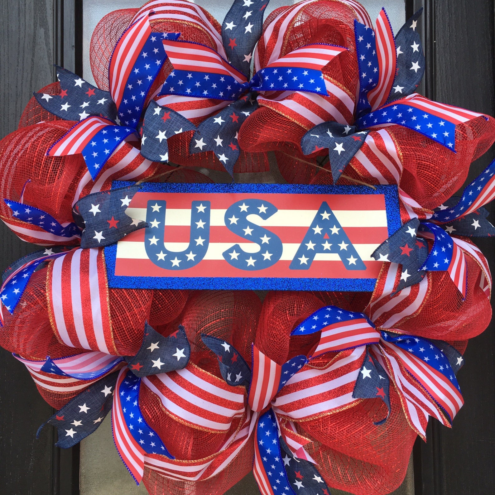 Patriotic Wreath; 4th of July Deco Mesh Wreath; Red White and Blue ...