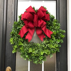 Boxwood Christmas Wreath with Large Burgundy Bow, Simple Boxwood Wreath, Simple Christmas Wreath