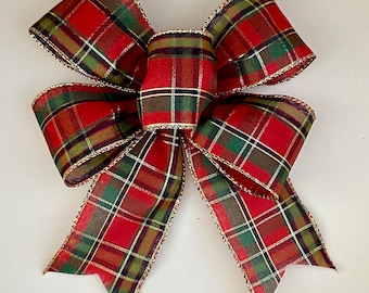 Lazo navideño básico a cuadros rojos y verdes, lazo rústico a cuadros, lazo de guirnalda, lazo de corona, lazo de lámpara, lazo de farol. Lazo navideño rústico