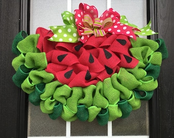 Watermelon Wreath; Watermelon Slice Door Hanger Made with Looped Burlap Ribbon; Burlap Watermelon Door Decor; Summer Decoration