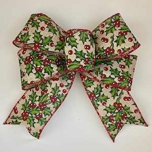 Basic Red and Green Holly  Christmas Bow,  Plaid Farmhouse Bow, Garland Bow, Wreath Bow, Lamp Bow, Lantern Bow. Farmhouse Christmas Bow