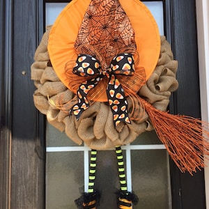 Witch Hat Wreath; Halloween Wreath, Witch Wreath, Halloween Witch, Natural Burlap Halloween Wreath w/ Deluxe Orange Witch Hat, Legs & Broom