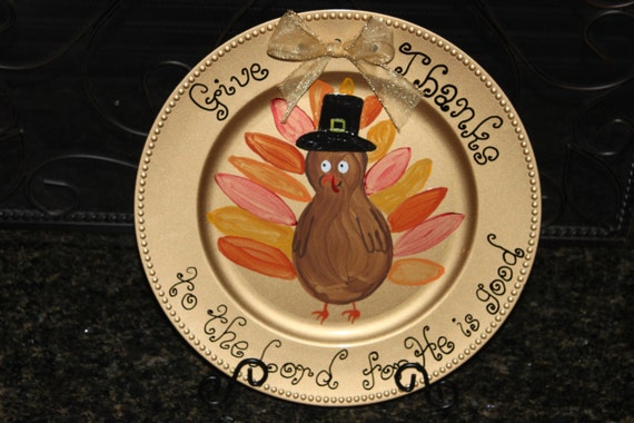 Turkey Pilgrim Give Thanks Plate: Hand Painted - Etsy