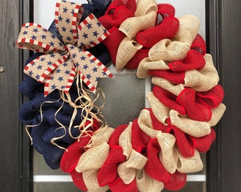 Patriotic Wreath; Red White and Blue Burlap Wreath, American Burlap Wreath; Summer Door Decor, Patriotic Burlap Wreath