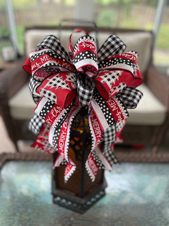 Farmhouse Christmas Bow: Large Wreath or Tree Topper Bow w/ Black Gingham, Moose, and "Merry Christmas" Ribbons, Lamp/Lantern Bow