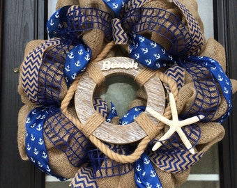 Burlap Beach Wreath; Beach Life Saver and Anchor Ribbon Wreath; Blue and Burlap Beach Wreath; Nautical Wreath; Anchor Wreath