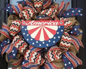 Patriotic America Wreath; 4th of July Burlap Wreath; Red White and Blue Wreath, Summer Door Decor, Patriotic Burlap Wreath