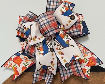 Fall Plaid Bow, Thanksgiving Bow, Fall Wreath or Garland Bow, Lantern Bow, Farmhouse Bow, Blue and Orange Fall Bow, Wheelbarrow Ribbon