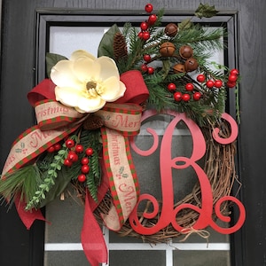 Farmhouse Christmas Wreath: Deluxe Magnolia Wreath with Personalized Vine Scroll Monogram Initial, Front Door Decor, Holiday Wreath